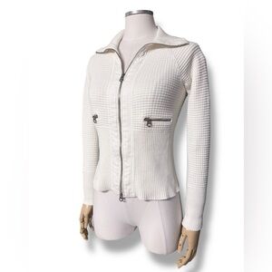 A/X ARMANI EXCHANGE Off White Ribbed & Thermal Waffle Knit Zip Front Sweater